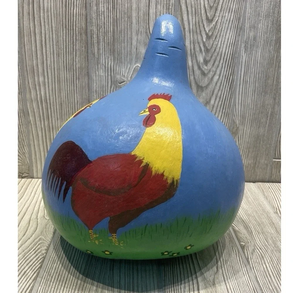 Hand Painted Folk Art Gourd Rooster Chicken 2011 Rustic Decor Collectible